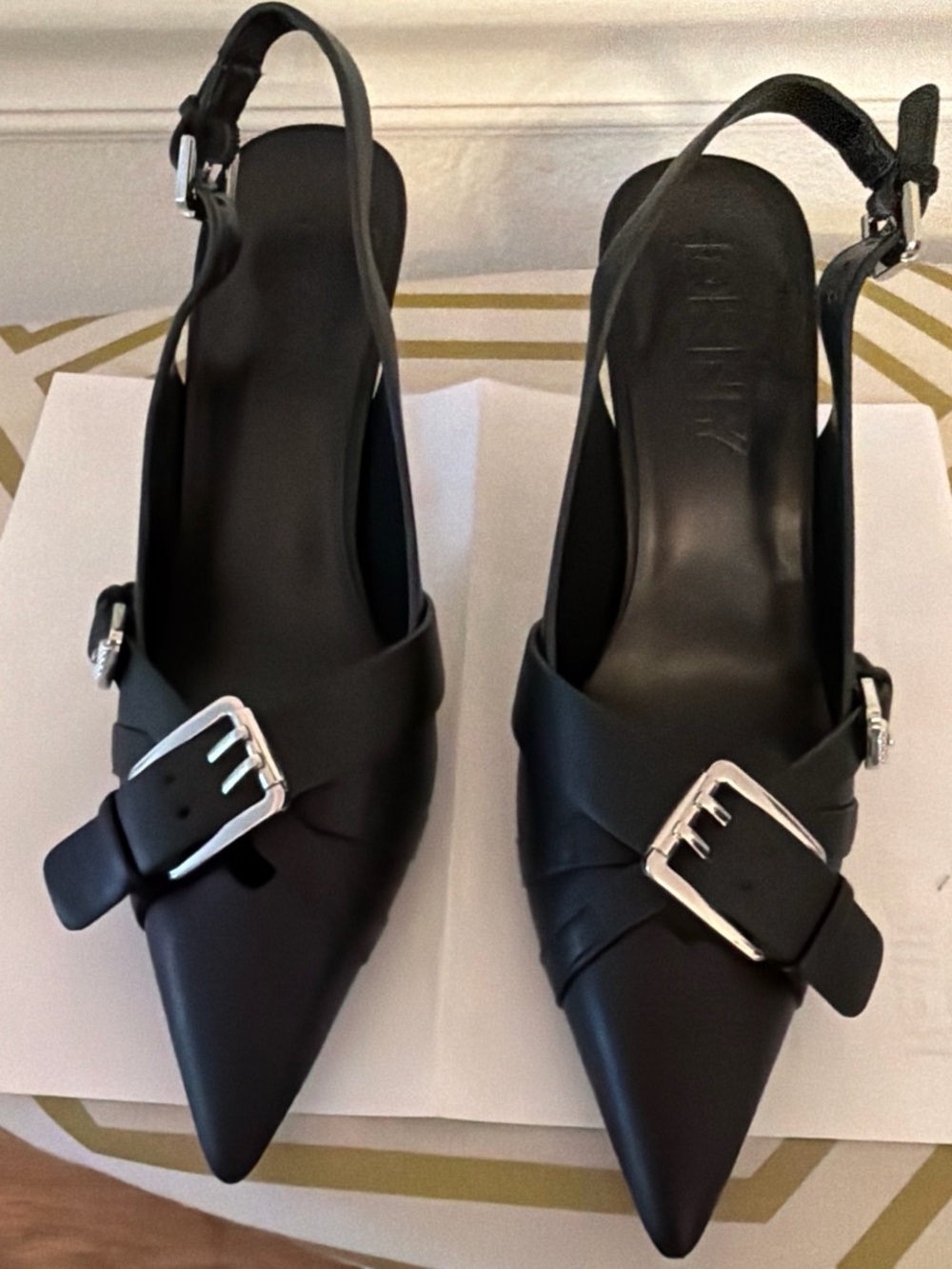 DKNY Black Pointed Slingback Pumps with Silver Buckle